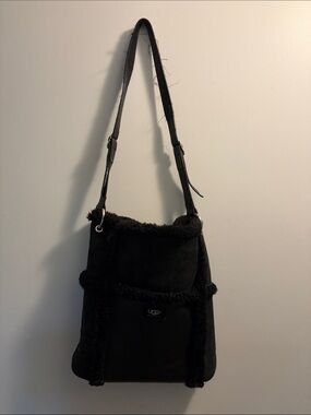 UGG Black Suede Shoulder Bag with Shearling Trim